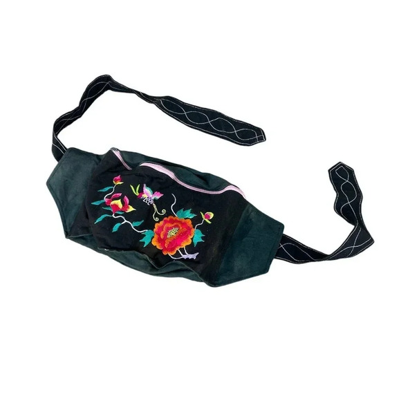 Black Boho Hippie Embroidered Floral Butterfly Canvas Fanny Pack - Picture 1 of 7